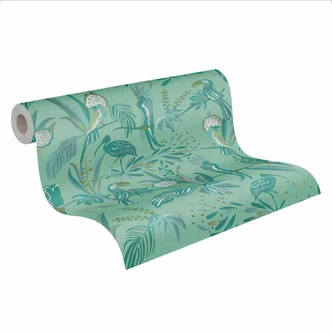 papier peint jungle vert blanc - papier peint oiseaux plantes - papier peint molleton fleurs salon 