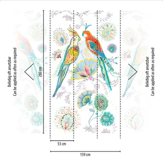 Fototapete Papagei Bunt Weiß - Vogeltapete Natur - Blumentapete Floral 