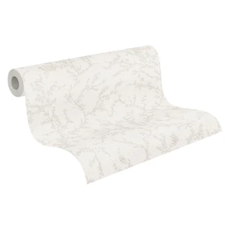 Carta da parati floreale con viticci beige crema - Carta da parati in tessuto non tessuto discretamente strutturata romantica 