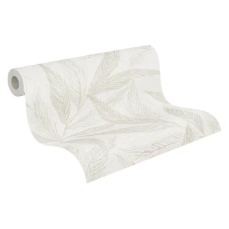 Carta da parati beige crema grigia per piante - Carta da parati in tessuto non tessuto con raffinato motivo a foglie opaco 
