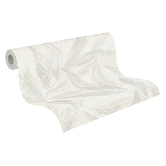 White cream gray plant wallpaper - non-woven wallpaper with fine matt leaf pattern 