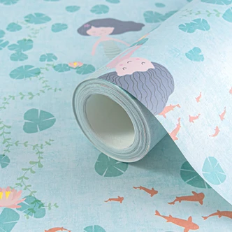 Zeemeermin behang blauw groen - kinder behang met waterlelies & vissen 