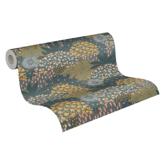 wallpaper leaves petrol - vintage floral wallpaper yellow blue - non-woven floral wallpaper 