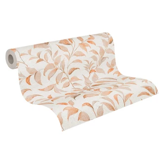 Blättertapete Orange Weiß - Florale Vliestapete - Tapete Wohnzimmer Schlafzimmer Küche 