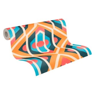 Non-woven wallpaper blue yellow orange pink - abstract pattern wallpaper - vintage wallpaper 