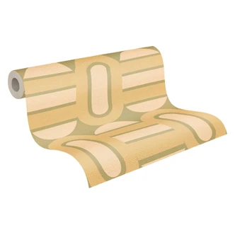 Groen grafisch behang crème - vintage Vliesbehang in retro look - Patroonbehang textuur peel & stick behang 