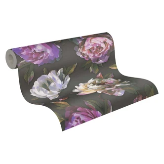 Florale Tapete mit Pfingstrosen Schwarz Lila – Elegante Blumentapete – Vliestapete 