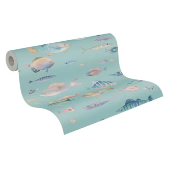 Maritime wallpaper fish mint green - non-woven wallpaper with underwater motif - wallpaper for children 