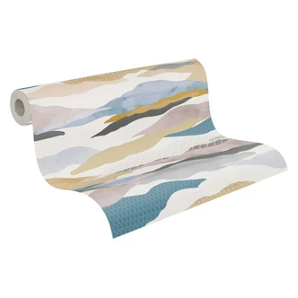 Abstrakte Tapete Berge Aquarell - Vliestapete in Beige Blau Grau - Mustertapete 