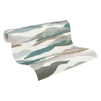 Abstrakte Tapete Berge Aquarell - Vliestapete in Grün Beige Grau - Mustertapete 