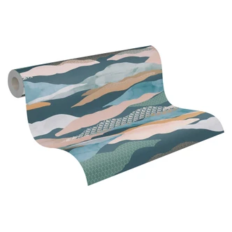 Papier peint abstrait montagne aquarelle - Papier peint intissé bleu beige rose - papier peint à motifs 