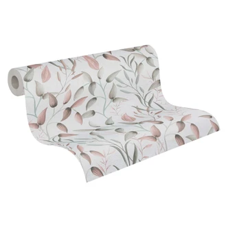 Blommig tapet blad akvarell - Icke-vävd tapet i rosa grön beige - växt tapet 