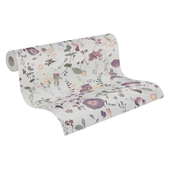 Florale Tapete Blumen Aquarell - Vliestapete in Lila Flieder Beige - Romantische Blumentapete 