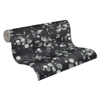 Florale Aquarell-Tapete Schwarz Grau – Vliestapete mit Blättern – Elegantes Naturmotiv 