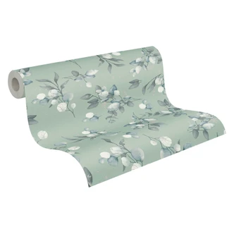 Blommig akvarell tapet grönblå - Icke-vävd tapet med löv - diskret mönster tapet 