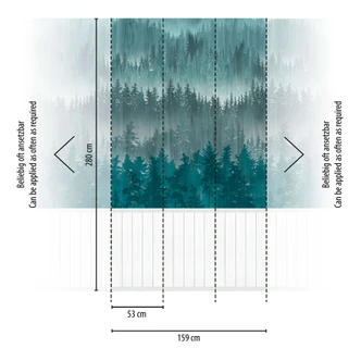 Bosmotief behang mist blauwgroen met houtpaneel wit - Vliesbehang, uittrekbaar 