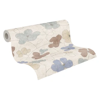 Carta da parati in tessuto non tessuto floreale - motivo a strisce sottili in naturale e greige 