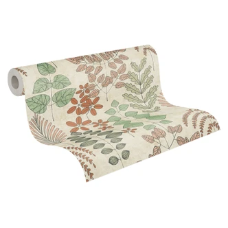 Carta da parati Skandi in tessuto non tessuto - sottile disegno di foglie in tonalità naturali e terracotta 