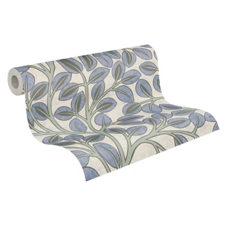 Carta da parati botanica in tessuto non tessuto - sottile disegno di foglie nei colori taupe e grigio pietra 