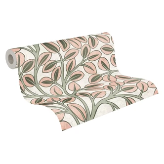 Elegante carta da parati in tessuto non tessuto - sottile disegno a foglia in tonalità greige e naturale 