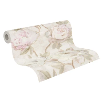 Florale Tapete Pfingstrosen Rosa Beige - Vliestapete im Aquarellstil - Vintage Florale Tapete Pfingstrosen Rosa Beige - Vliestapete im Aquarellstil - Vintage