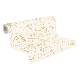 Gesichter-Tapete Line-Art Creme Gold - Vliestapete modern abstrakt elegant Gesichter-Tapete Line-Art Creme Gold - Vliestapete modern abstrakt elegant