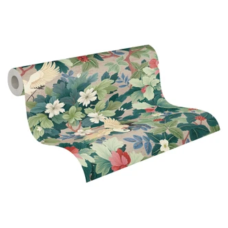Exoten-Tapete Kraniche Beige Grün Rot - Vliestapete mit Blättern & Blüten Exoten-Tapete Kraniche Beige Grün Rot - Vliestapete mit Blättern & Blüten