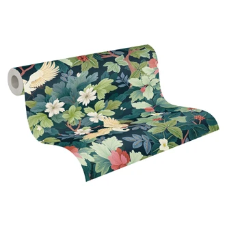 Exoten-Tapete Kraniche Dunkelblau Grün - Vliestapete mit floraler Illustration Exoten-Tapete Kraniche Dunkelblau Grün - Vliestapete mit floraler Illustration