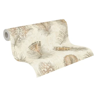 Vliestapete mit Federmotiv in Beige und Braun auf cremefarbenem Grund Vliestapete mit Federmotiv in Beige und Braun auf cremefarbenem Grund