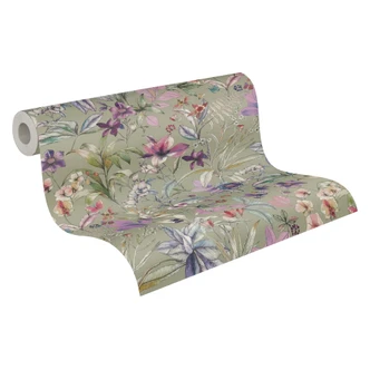 Vliestapete florales Design auf grünem Hintergrund mit Schmetterlingen Vliestapete florales Design auf grünem Hintergrund mit Schmetterlingen