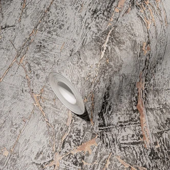 A.S. Création Vliesbehang The BOS -  Battle of Style - Marmerlook Grijs, Zwart, Rosegoud, Metallic 