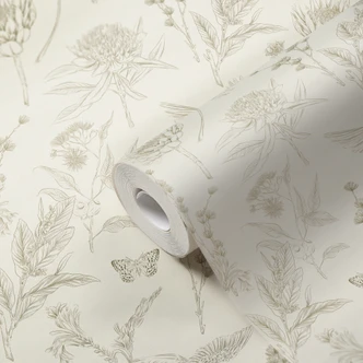 Papel pintado no tejido con flores y pájaros blanco verde - papel pintado floral en estilo dibujo 