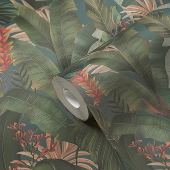 palm leaves blue green - floral non-woven wallpaper jungle motif 