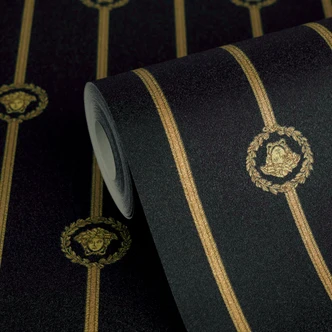 Versace Vliestapete I Love Baroque Streifen Medusa Schwarz Gold luxuriös Versace Vliestapete I Love Baroque Streifen Medusa Schwarz Gold luxuriös