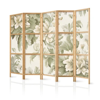 Japanischer Paravent, Raumteiler freistehend, Trennwand - Retro Vintage Flowers in Cream and Green 