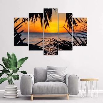 Leinwandbild 5 teilig, Meer Palmen Sonnenuntergang 