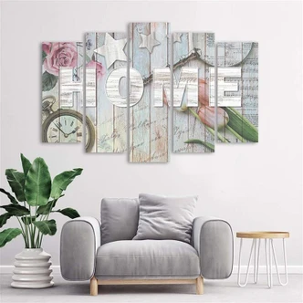 Leinwandbild 5 teilig, Home Holz Inschrift Blumen 