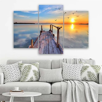 Leinwandbild 3-teilig, Sonnenuntergang Brücke See 