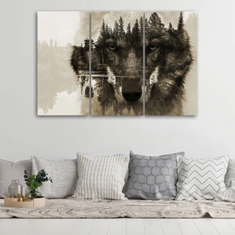 Leinwandbild 3-teilig, Wolf Tiere Schwarz Weiß 