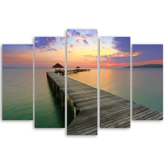 Leinwandbild 5 teilig, Steg See Himmel Lila 