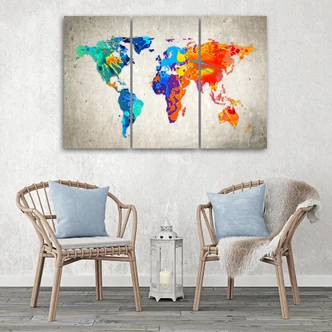 3-delige canvas print gekleurde wereldkaart 