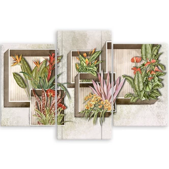 Leinwandbild 3 teilig, Quadratkisten Regale mit Blumen 