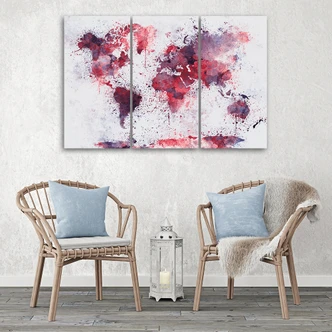 Stampa su tela 3 pezzi, mappa del mondo rossa 