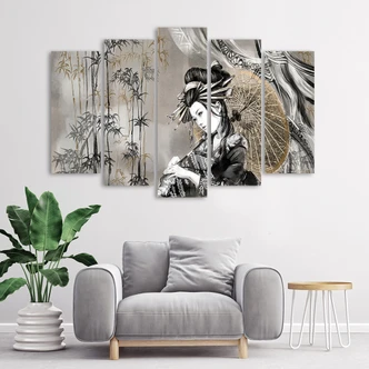 Leinwandbild 5 teilig, Geisha und Bambus 