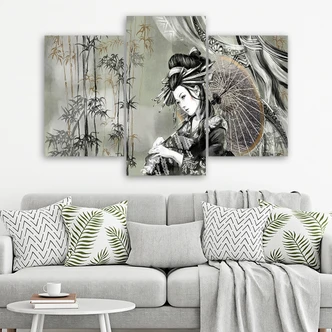 Leinwandbild 3 teilig, Geisha und Bambus 
