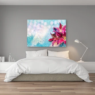 Leinwandbild, Rosa Blumen auf blauem Hintergrund 