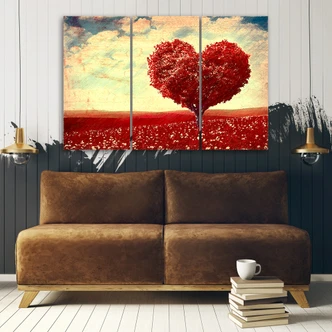 Impression sur toile en 3 parties, paysage d'arbre coeur rouge 