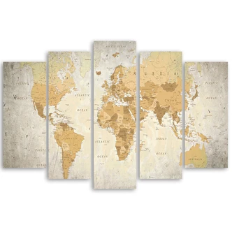 Stampa su tela 5 pezzi, mappa del mondo marrone 