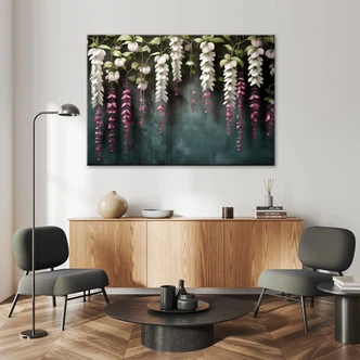 Leinwandbild, Hängende Glyzinienblüten 