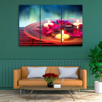 Leinwandbild 3-teilig, Zen-Blumen-Kerze 
